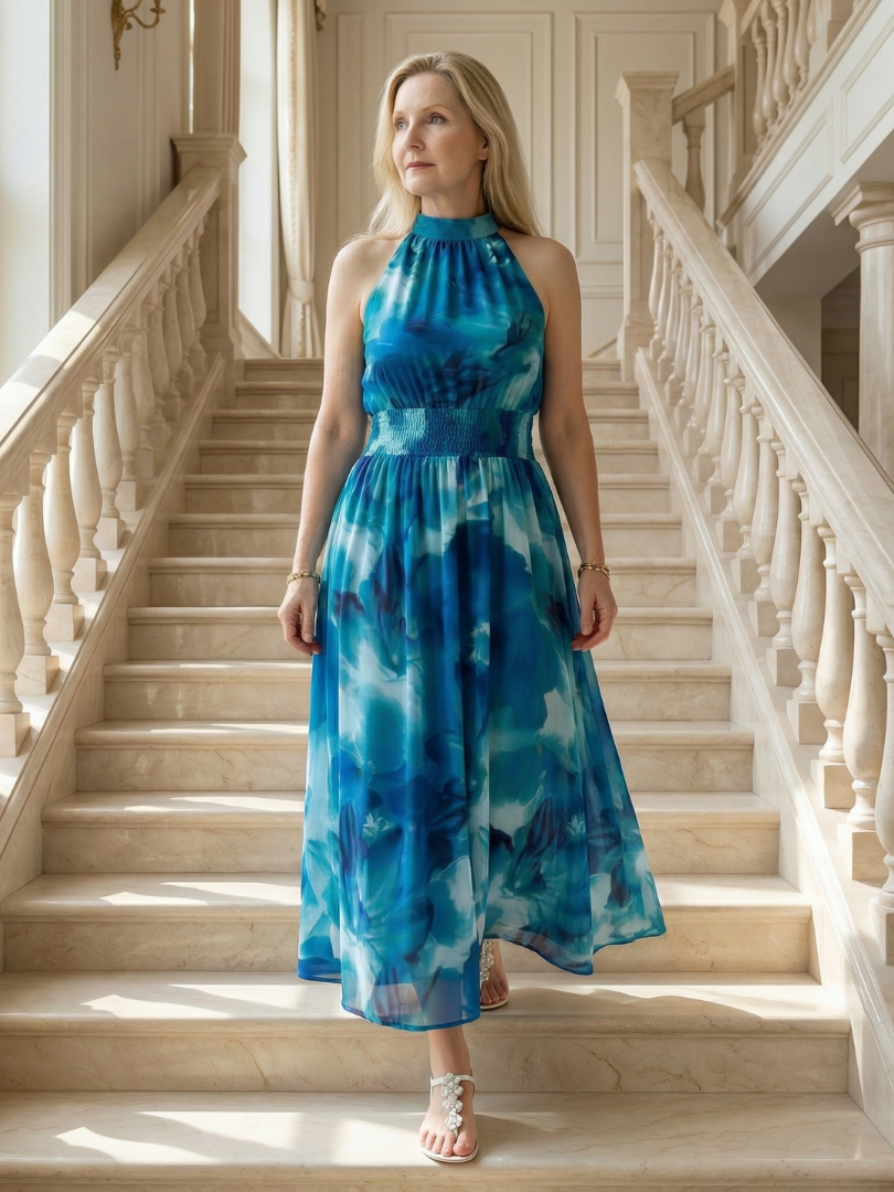 Robe midi à bretelles licou froncé, imprimé floral bleu et blanc
