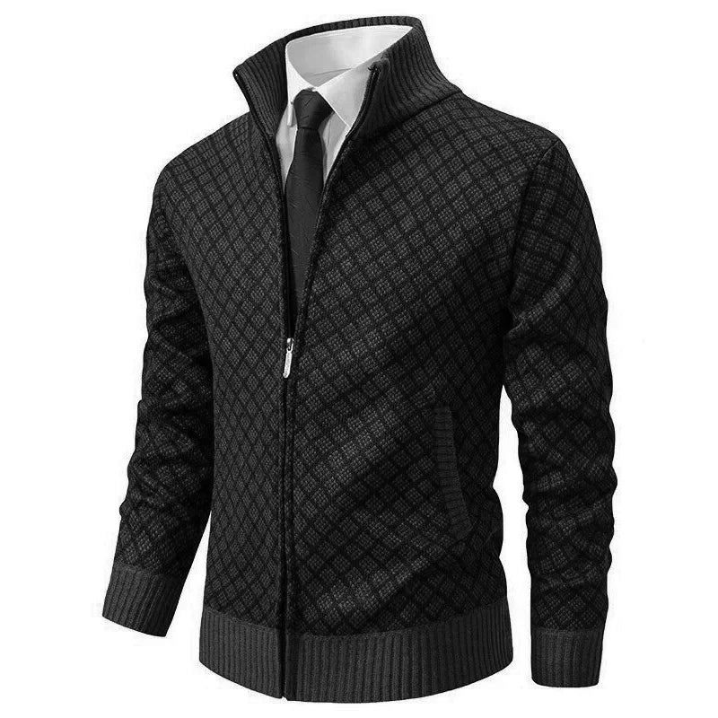Gilet Oliver noir à fermeture zippée, col montant, maille à motif losange.