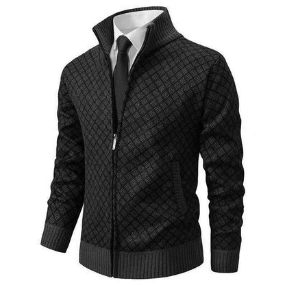 Gilet Oliver noir à fermeture zippée, col montant, maille à motif losange.