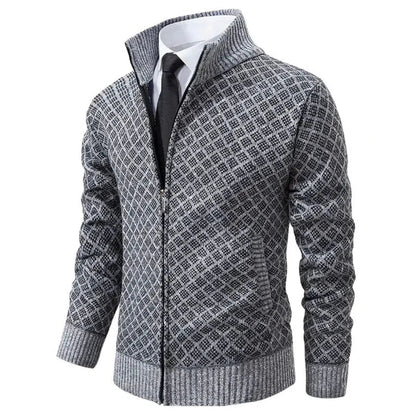 Veste zippée grise à motif géométrique, col montant, poignets côtelés