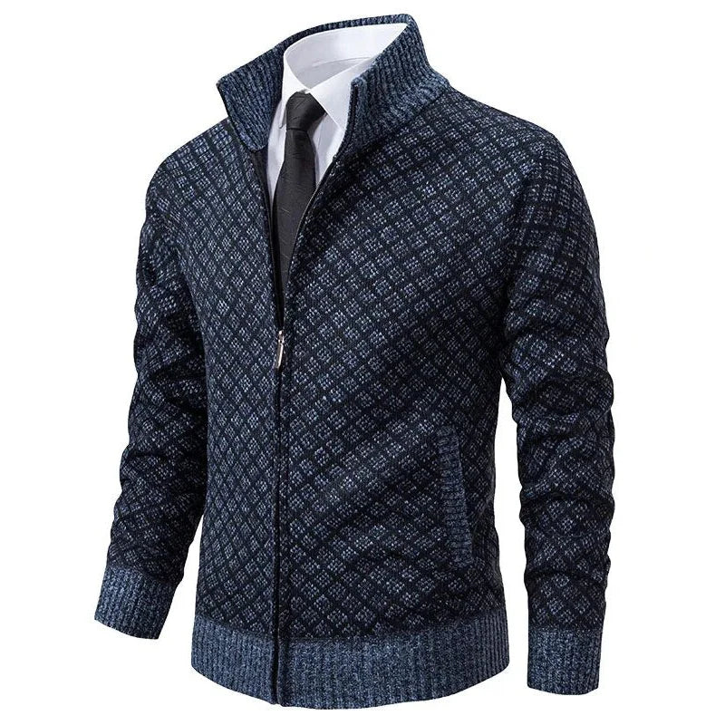 Veste zippée bleue à motif géométrique, col montant, poignets côtelés