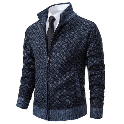 Veste zippée bleue à motif géométrique, col montant, poignets côtelés