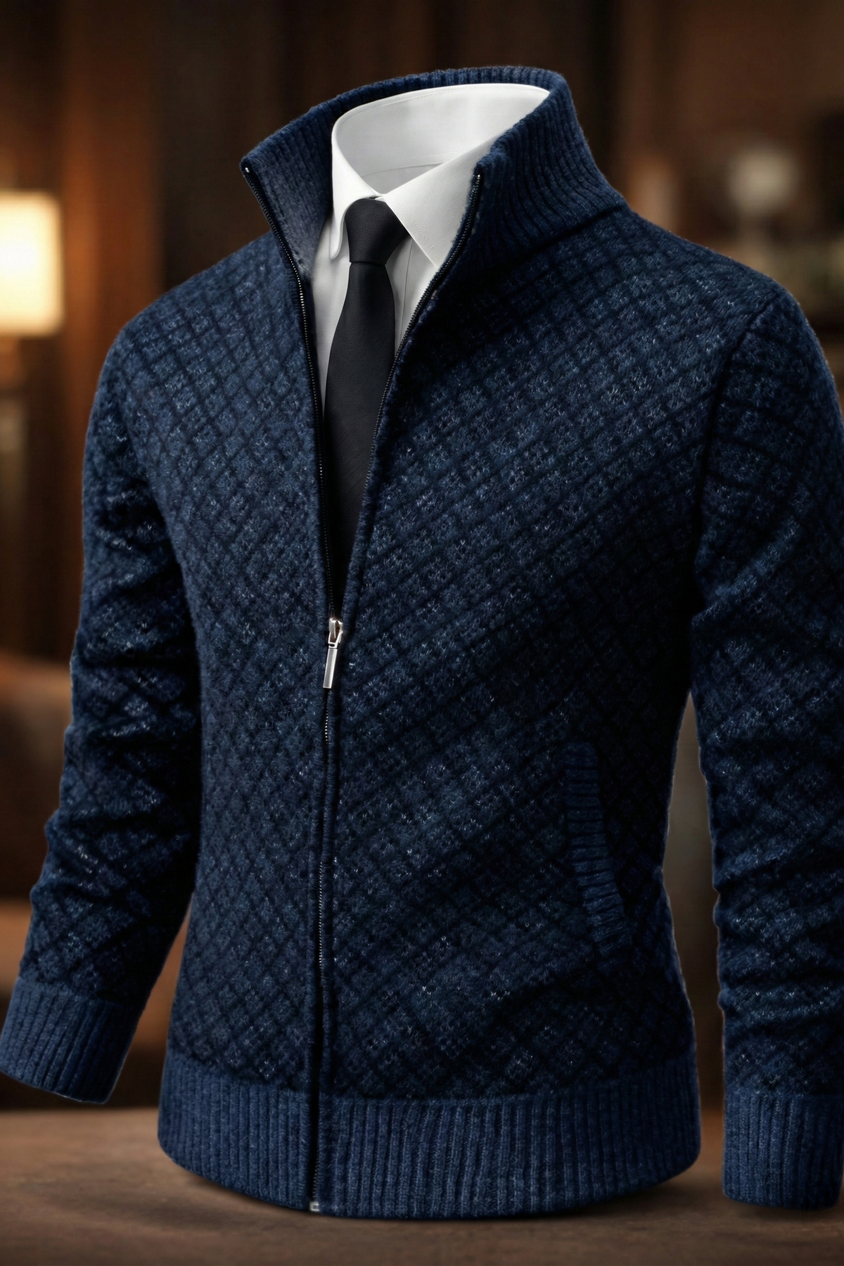 Gilet Oliver bleu à fermeture zippée, col montant, maille texturée à motif losange.