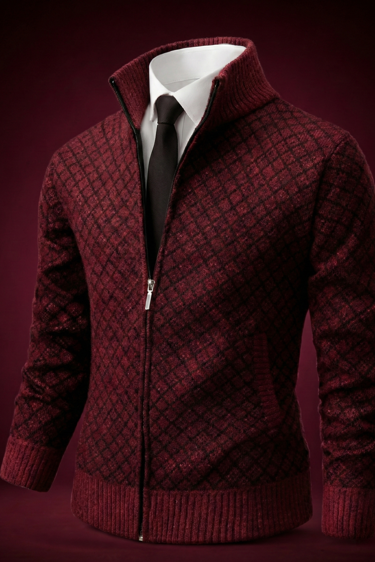 Gilet Oliver rouge bordeaux à fermeture zippée, col montant, maille à motif losange.
