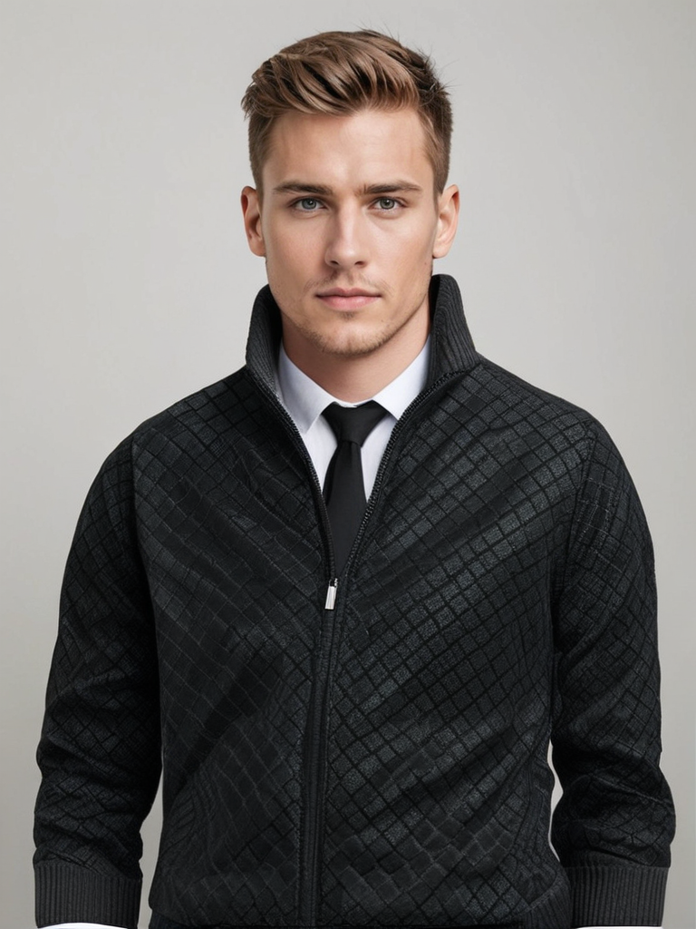Gilet Oliver noir à fermeture zippée et col montant, motif losange discret.