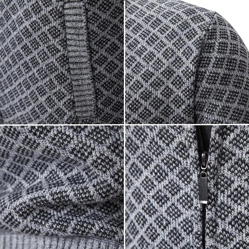 Détail du gilet Oliver gris : maille à motif losange et bord côte au col.