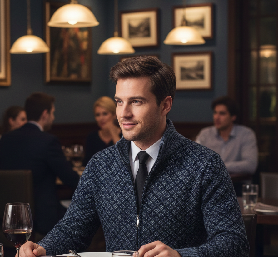 Gilet Oliver bleu à fermeture zippée, col montant, motif losange sur la maille.
