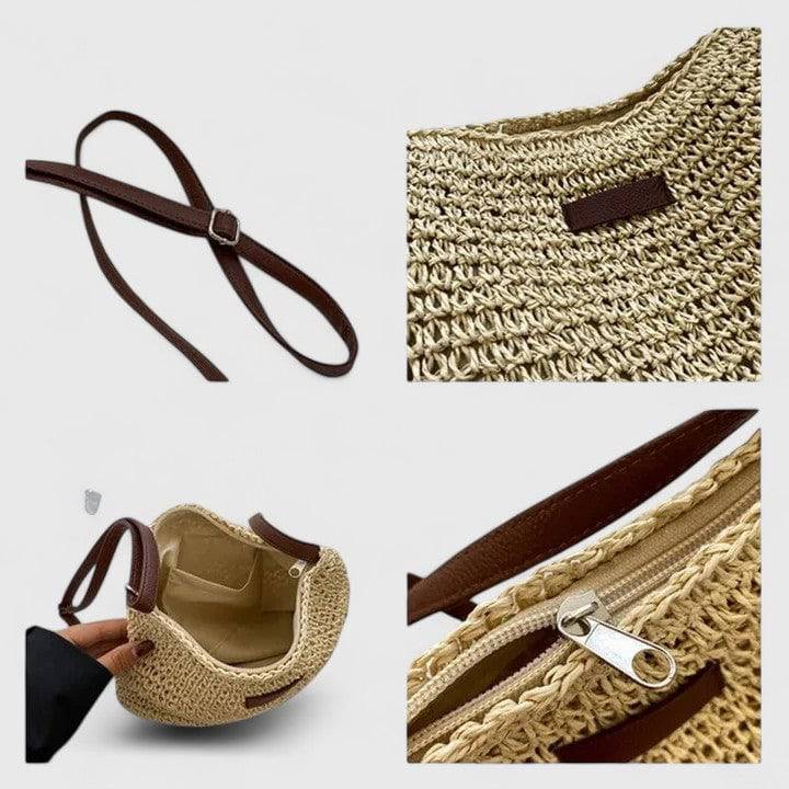 Sac en paille beige : anse réglable et détail de la fermeture zippée intérieure.