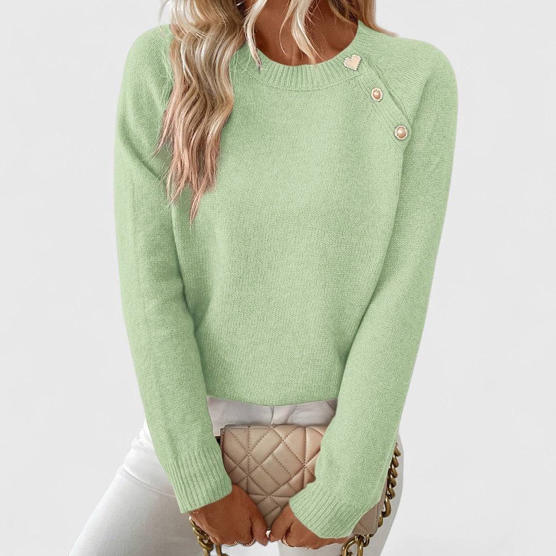 Pull col rond tricot vert menthe, manches longues, boutons décoratifs sur l’épaule