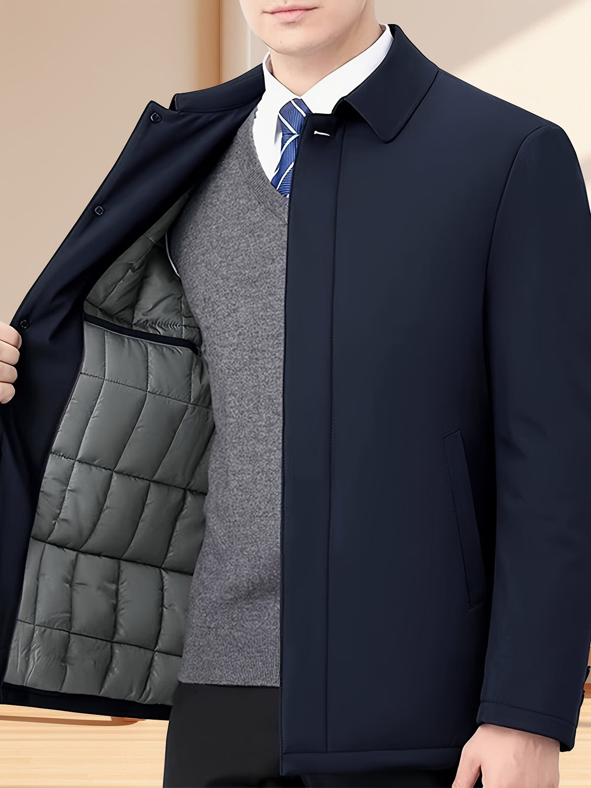 Veste à col à revers marine avec fermeture éclair, manche longue et doublure matelassée ouverte