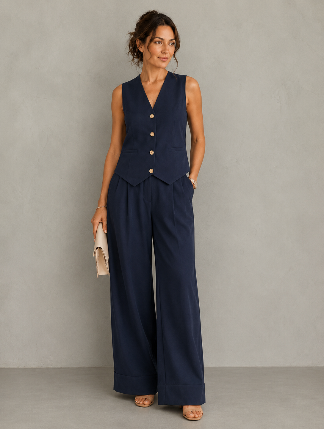 Ensemble élégant ALEKSANDRA bleu marine : gilet boutonné sans manches et pantalon large.