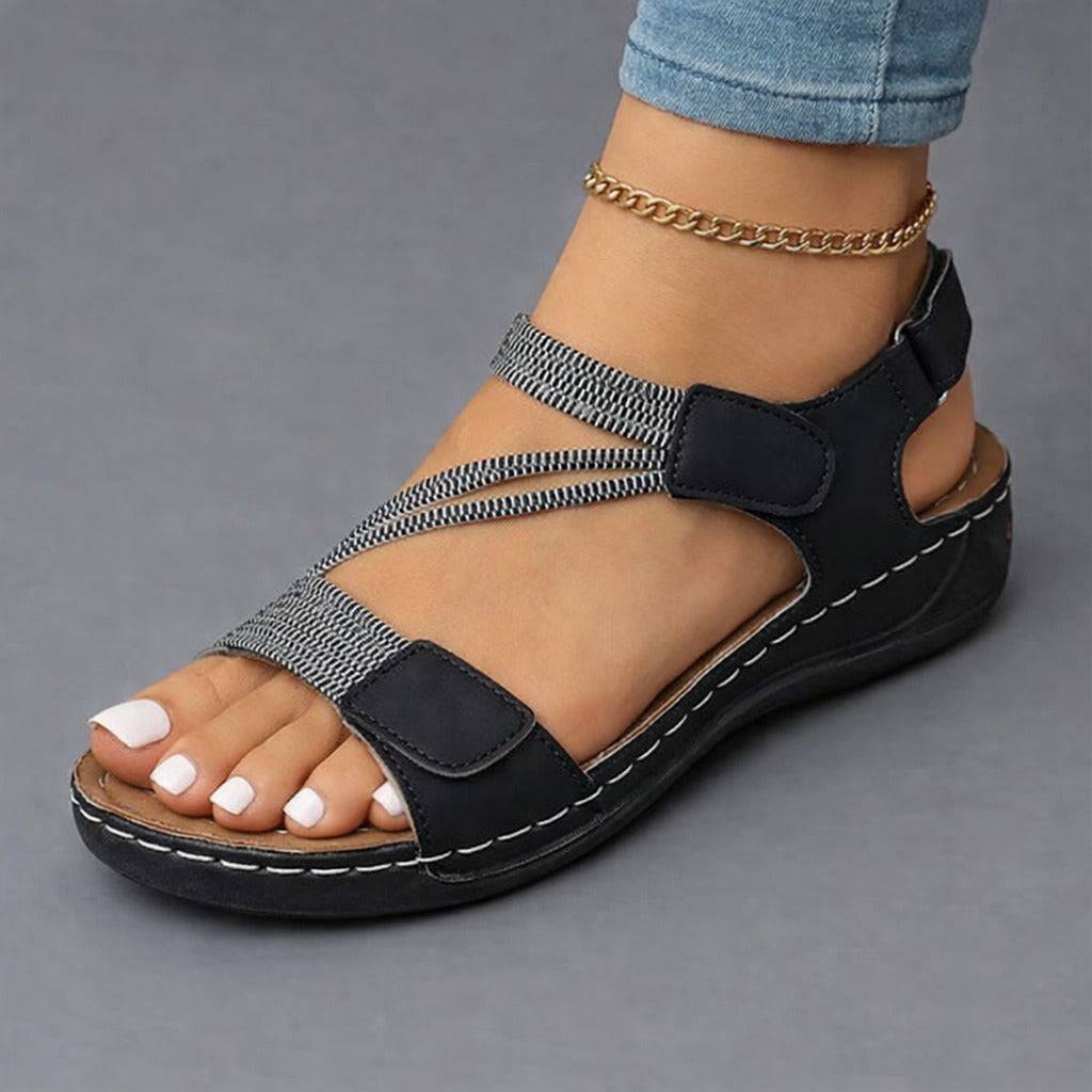 Sandales confort légères noires, brides à scratch, tige en maille et semelle épaisse