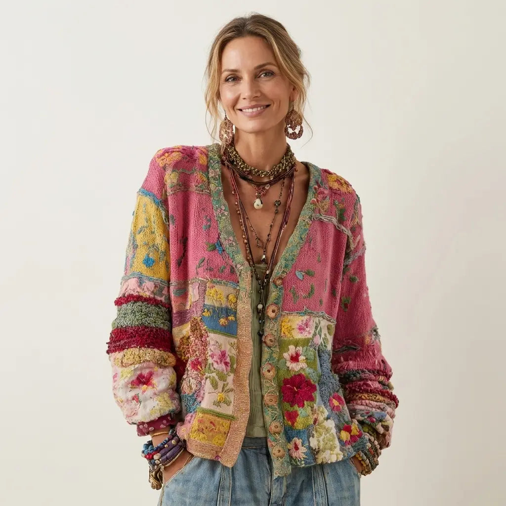 Cardigan en tricot patchwork rose, broderies florales, manches longues, boutons