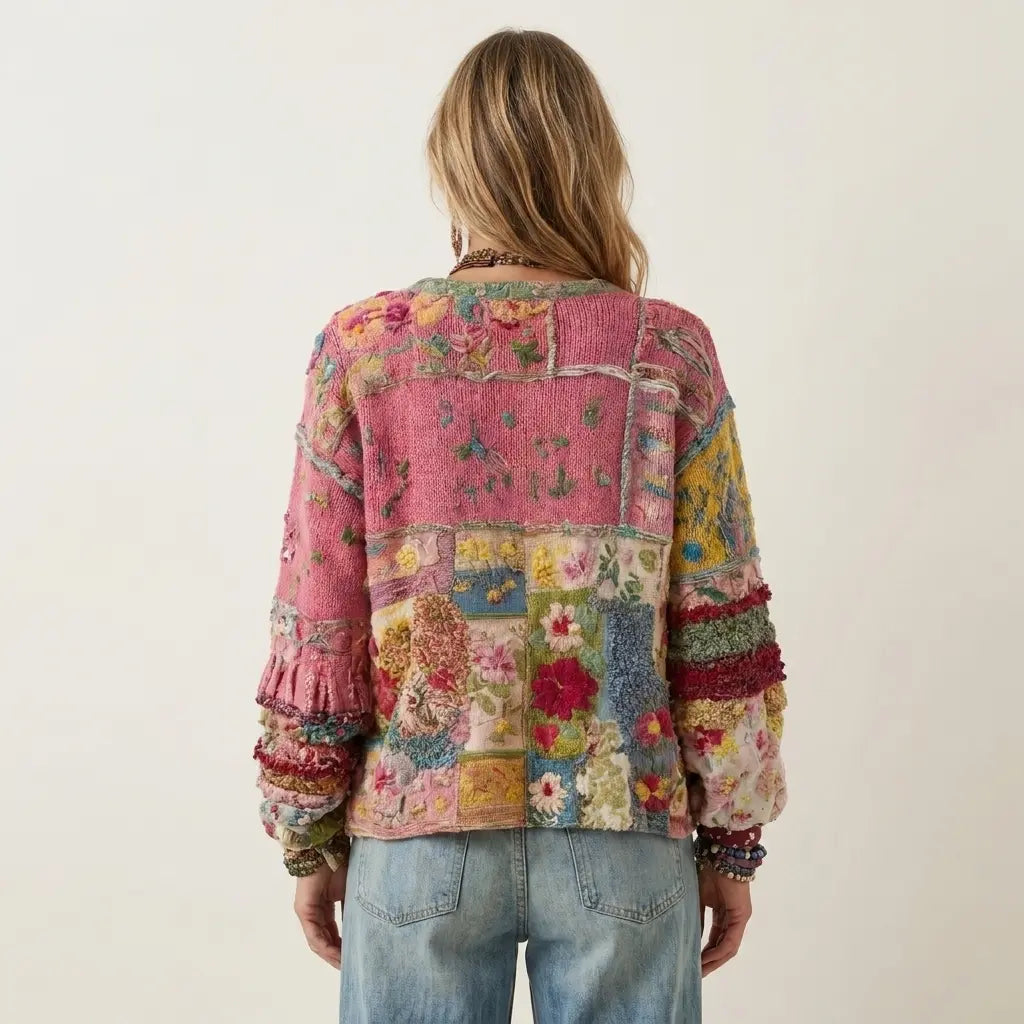 Cardigan en tricot patchwork rose à fleurs, dos brodé, manches longues