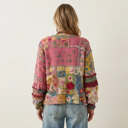 Cardigan en tricot patchwork rose à fleurs, dos brodé, manches longues