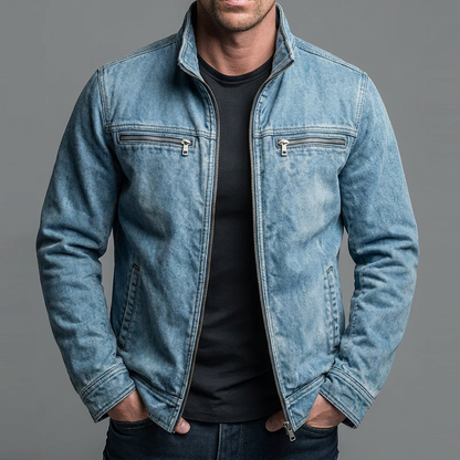 Veste vintage bleue en denim à fermeture zippée, col montant, poches poitrine