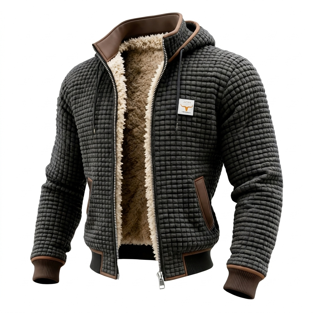 Veste bomber homme noire à capuche, doublure sherpa chaude, passepoils bruns.