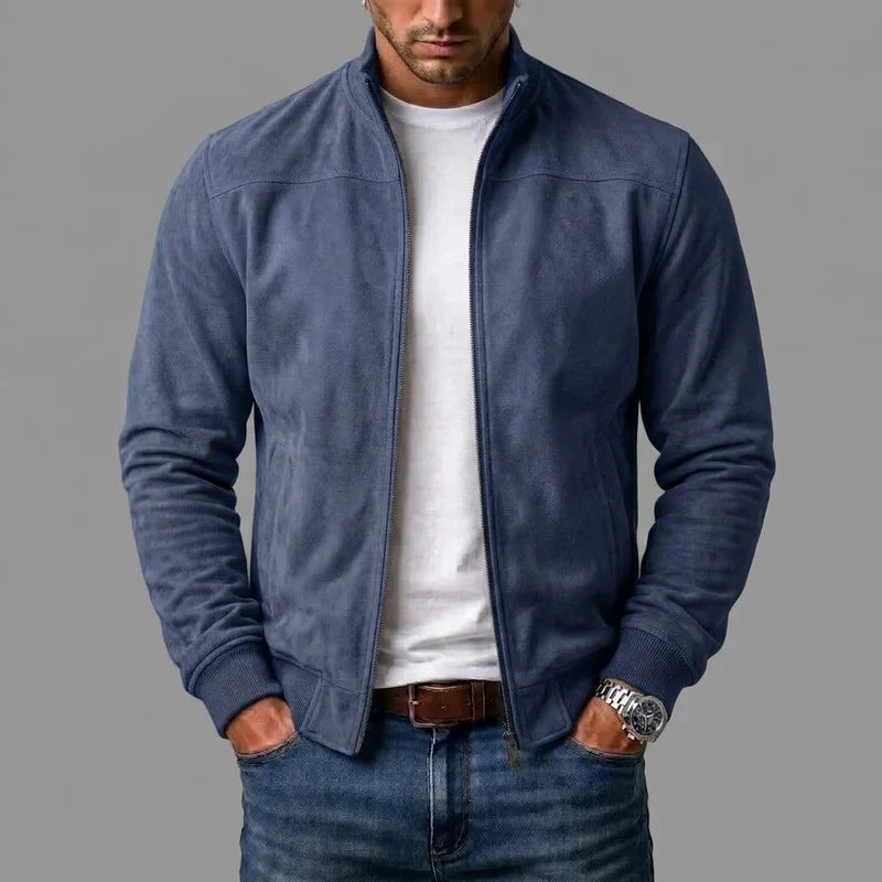 Blouson bomber bleu marine à fermeture zippée, col montant et poignets côtelés
