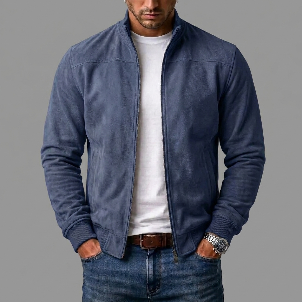 Blouson bomber en suédine bleu marine, zip avant, col montant et poignets côtelés