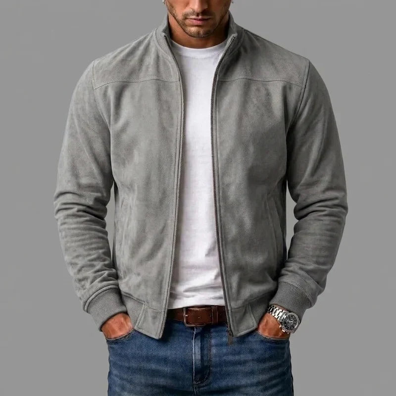 Blouson bomber gris à fermeture zippée, col montant et poignets côtelés
