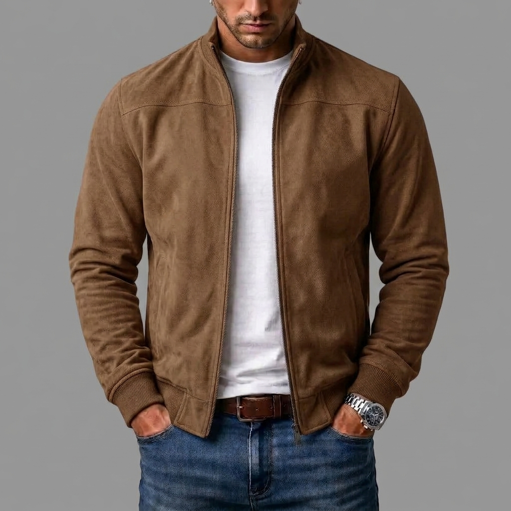 Blouson bombardier marron zippé, col montant, poignets côtelés, poches latérales.