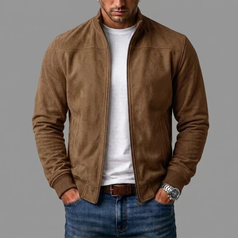 Blouson bomber marron à fermeture zippée, col montant et poignets côtelés