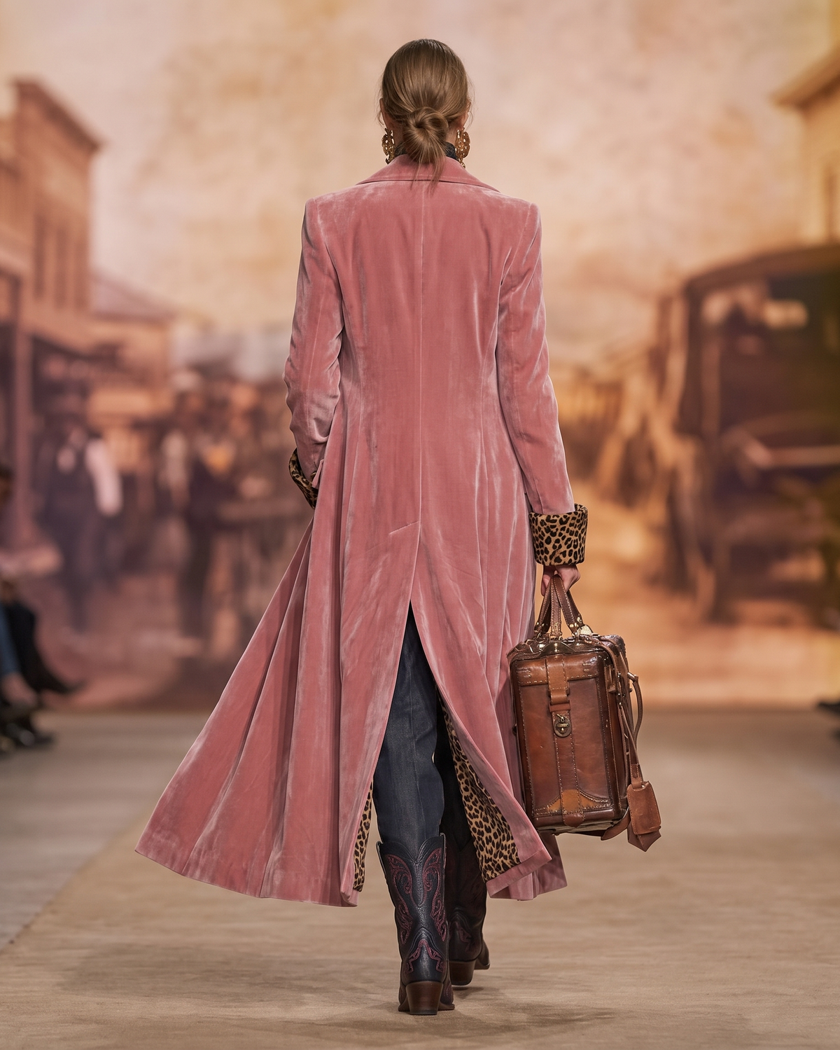 Manteau long rose poudré, porté de dos, coupe droite avec fente arrière.