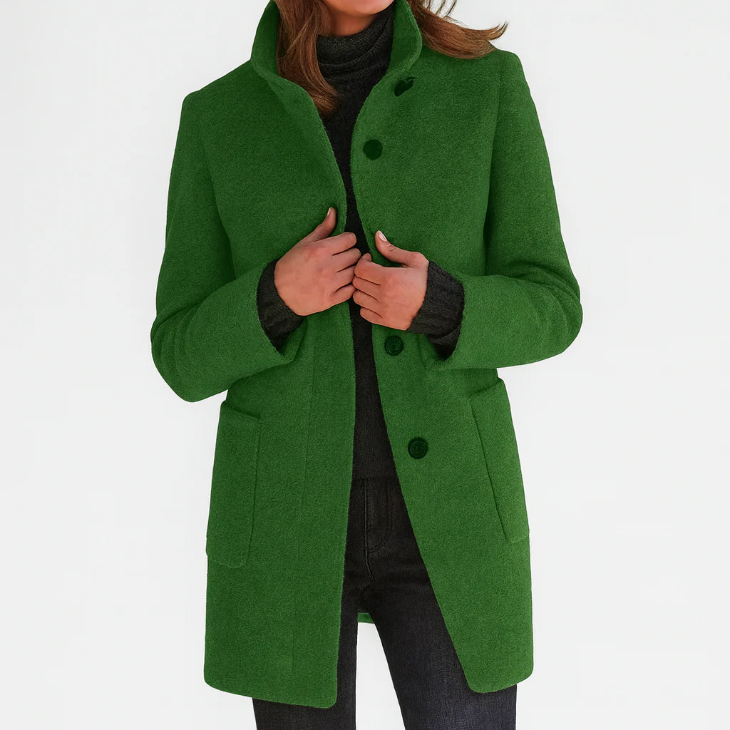 Manteau mi-long en laine vert à boutons, col montant et poches plaquées