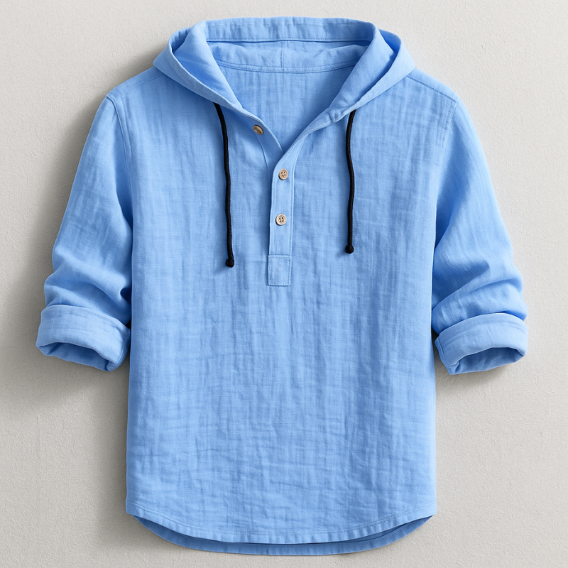 Chemise à capuche en lin, bleu clair, cordons et boutons à l’avant, manches retroussées