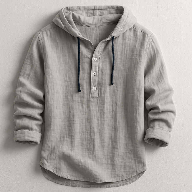 Chemise à capuche en lin, gris clair, cordons bleu foncé, patte boutonnée, manches longues