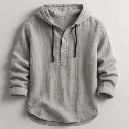 Chemise à capuche en lin, gris clair, cordons bleu foncé, patte boutonnée, manches longues