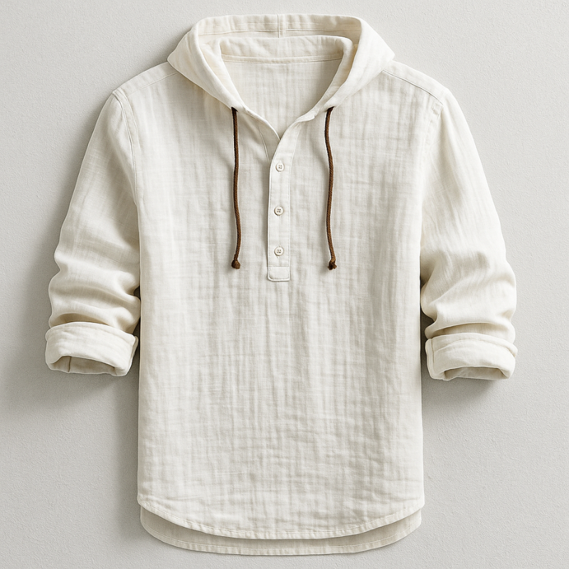Chemise à capuche en lin, blanc cassé, cordons bruns, patte boutonnée, manches longues