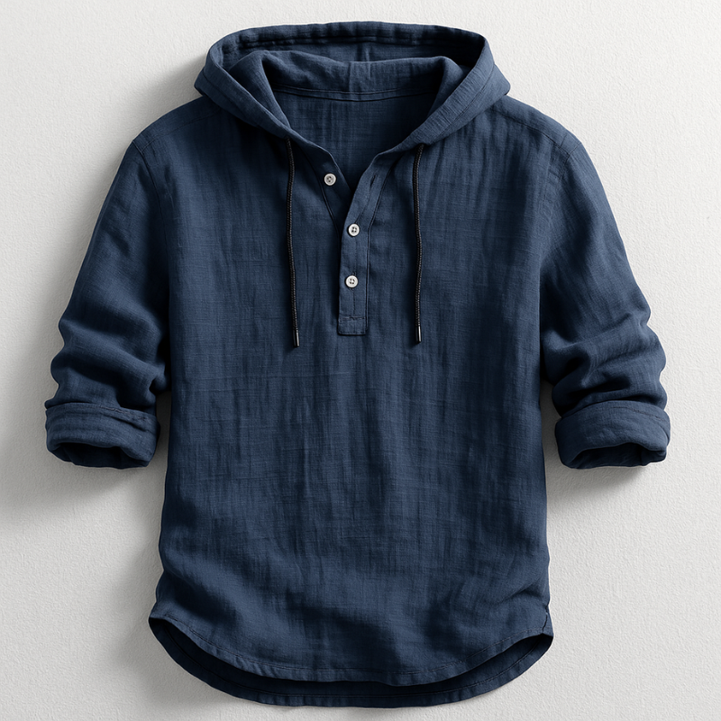 Chemise à capuche en lin, bleu foncé, cordons noirs, patte boutonnée, manches longues