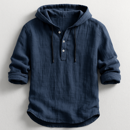 Chemise à capuche en lin, bleu foncé, cordons noirs, patte boutonnée, manches longues
