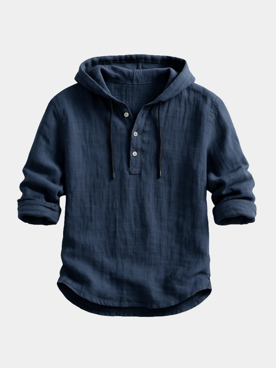 Chemise à capuche en lin, bleu marine, manches longues, patte boutonnée