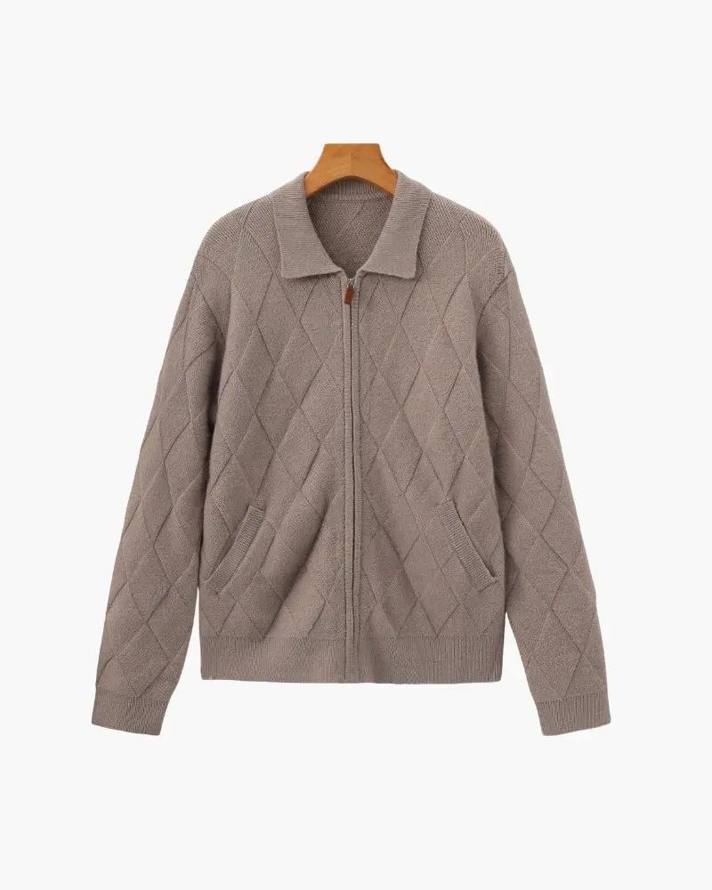 Gilet à fermeture éclair en tricot moka, motif losanges