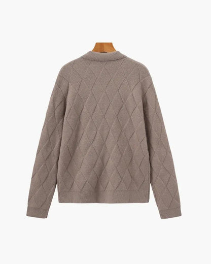 Gilet à capuche en tricot à fermeture éclair, motif losanges, couleur mocha.
