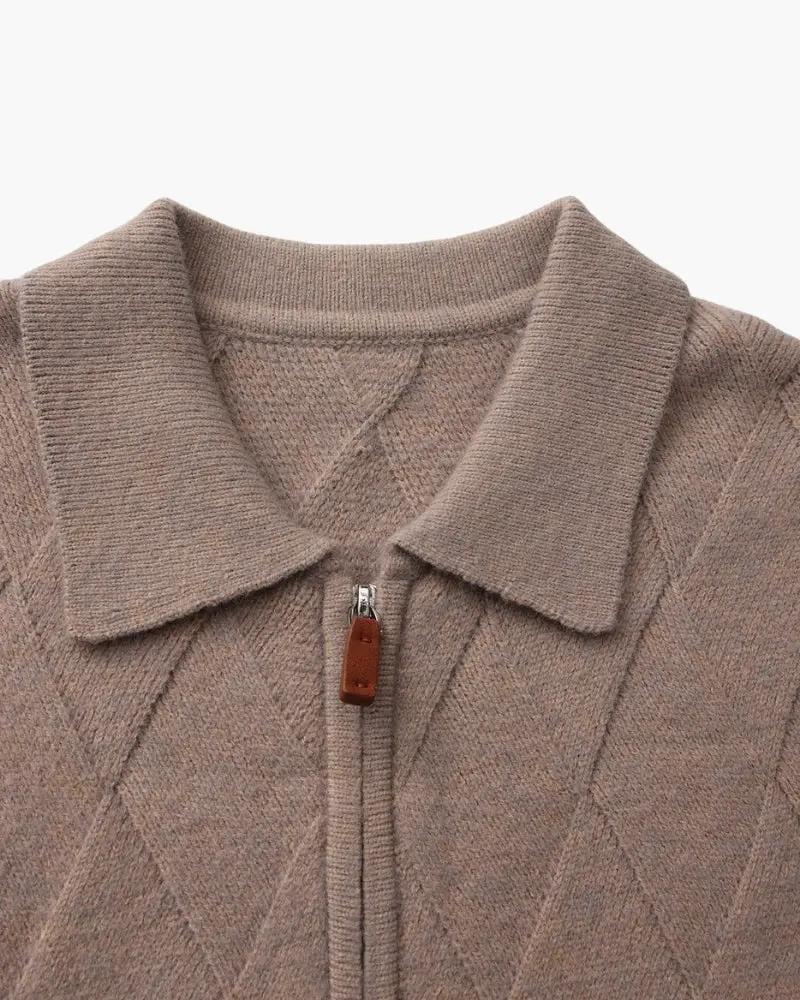 Col en maille côtelée et capuche de gilet tricoté mocha, fermeture éclair.