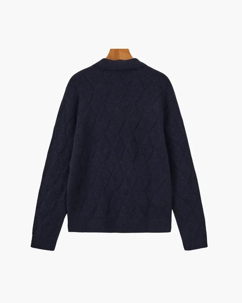 Gilet à capuche en tricot à fermeture éclair, motif losanges, couleur marine.