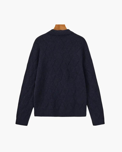 Gilet à capuche en tricot à fermeture éclair, motif losanges, couleur marine.
