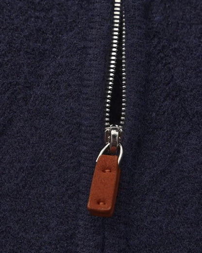 Gilet en tricot marine, fermeture éclair avec tirette marron en cuir