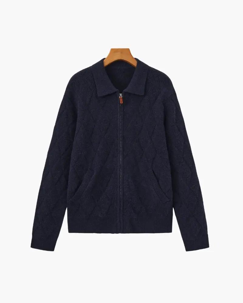 Gilet à fermeture éclair en tricot marine, motif losanges
