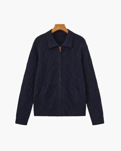 Gilet à fermeture éclair en tricot marine, motif losanges