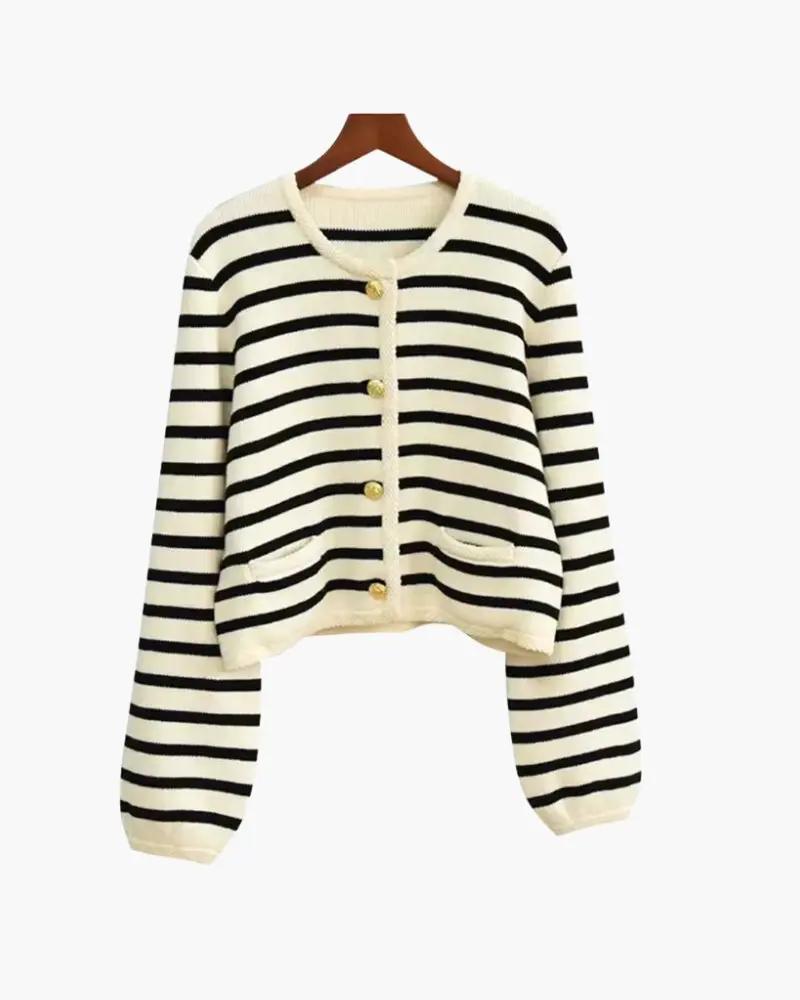 Cardigan en laine à rayures noir et écru, boutonnage central doré et poignets côtelés