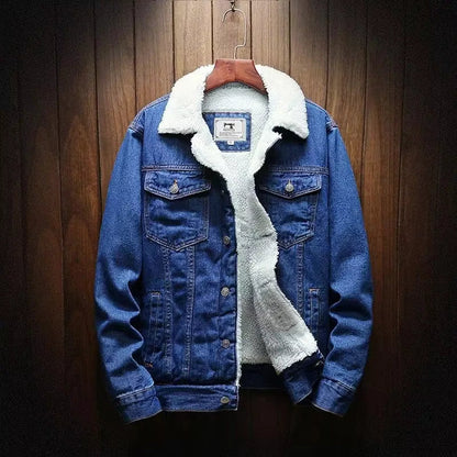 Veste en jean bleue avec col en fausse fourrure blanche et fermeture boutonnée