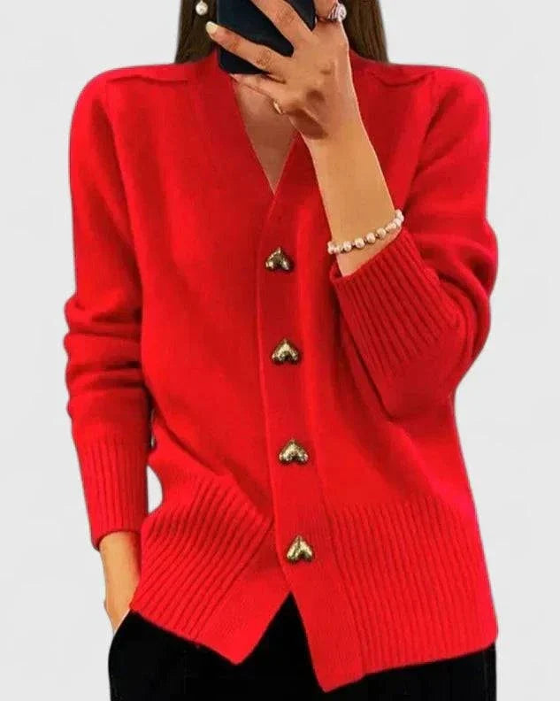 Pull-gilet en maille rouge, col V et boutons dorés, manches longues, poignets côtelés
