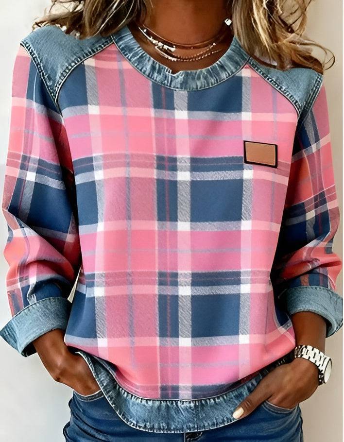 Sweat-shirt denim à carreaux rose et bleu, col denim, étiquette marron.