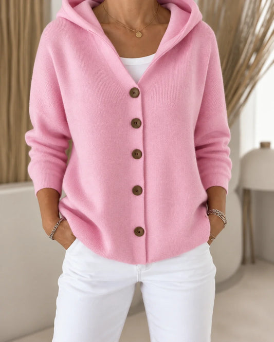 Cardigan léger à capuche rose, boutonnage à boutons marron, manches longues
