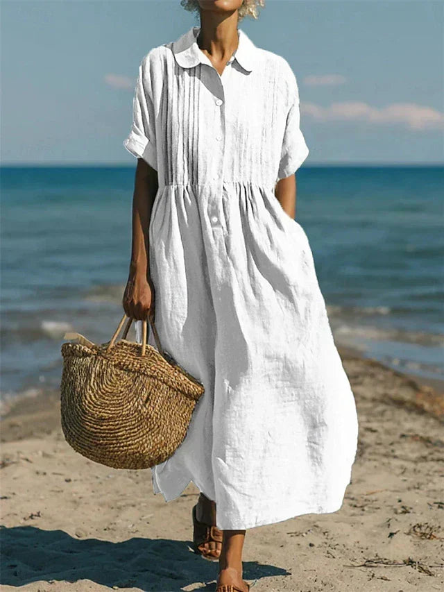 Robe longue en lin blanche pour femme, col chemise, boutonnage, manches courtes évasées