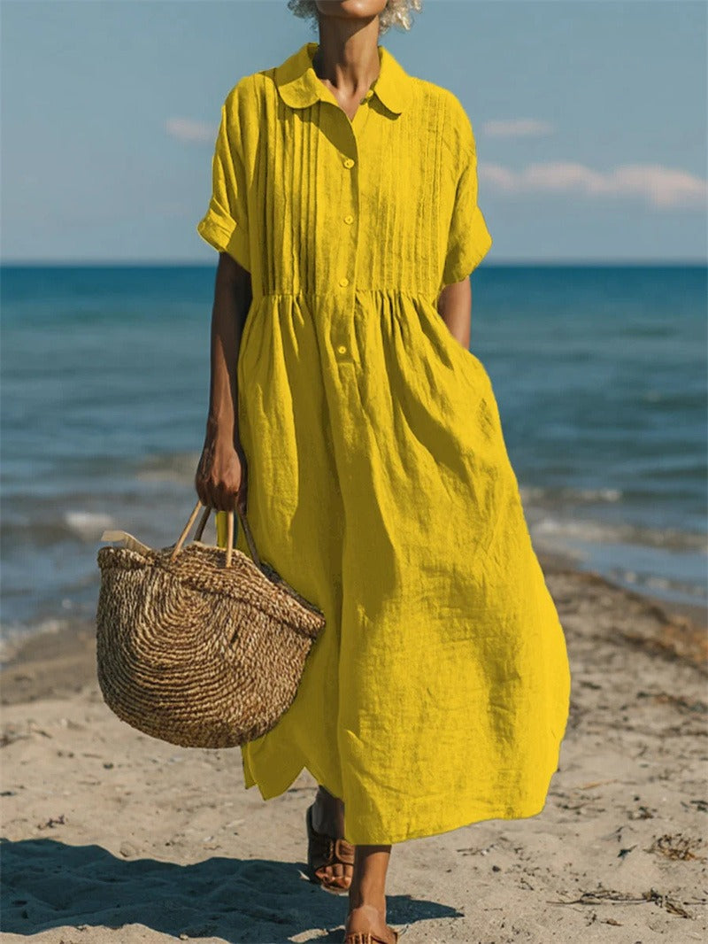 Robe longue en lin jaune pour femme, col chemise, boutonnage, coupe fluide à taille froncée